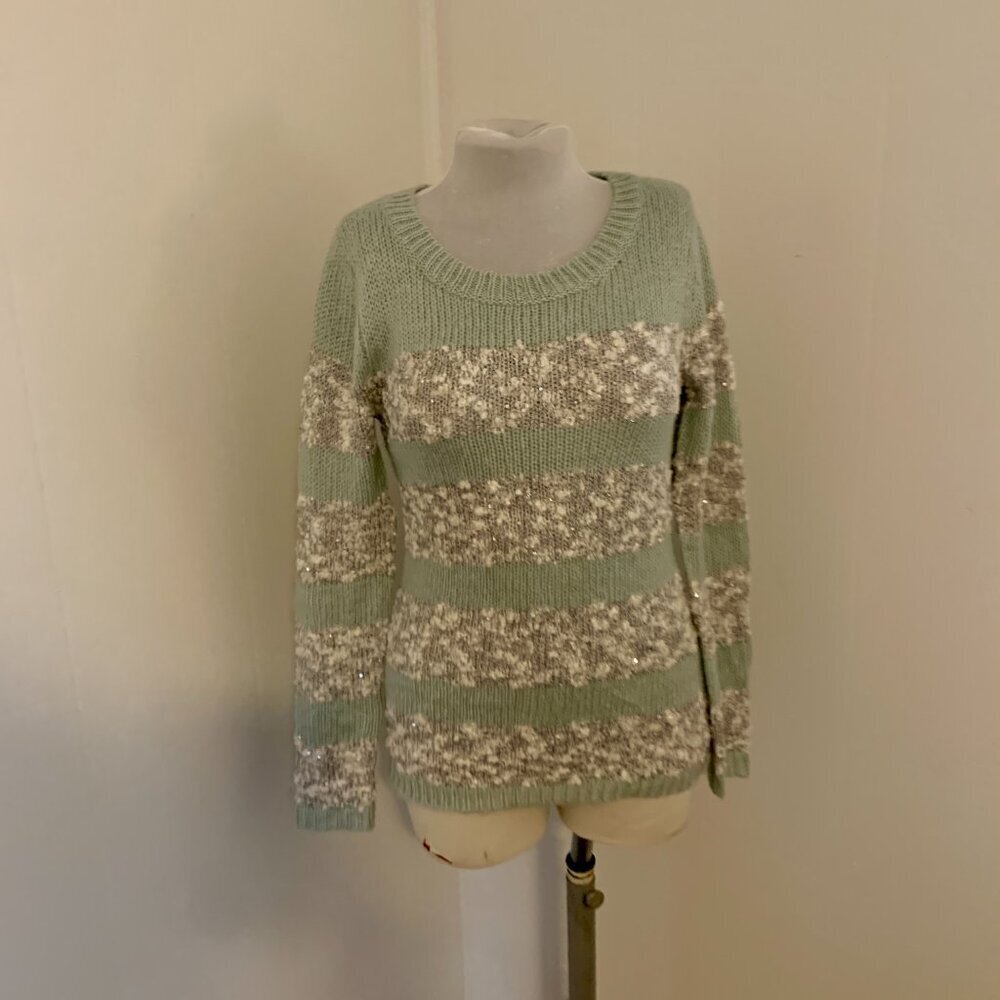 Maurices Silver Mint Green Striped Sequin Pullover Crewneck Knit Sweater NEW